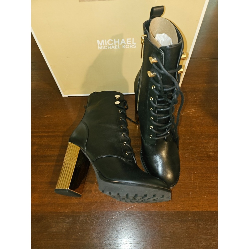 NEW MICHAEL KORS BLACK PORTER LEATHER LACE UP ZIP GOLD HEEL BOOTS SZ 8.5 - Picture 8 of 10